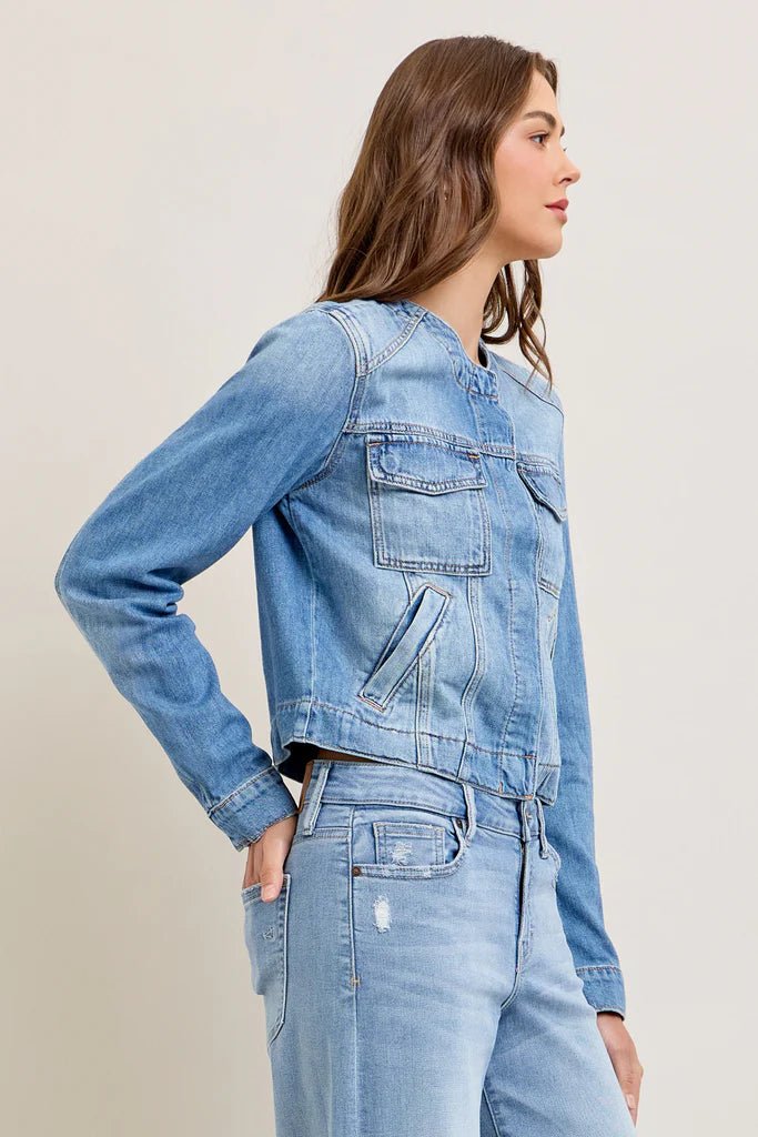 HiddenCollarless Jean Jacket - Polish Boutique